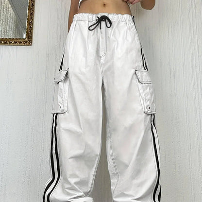 Y2K Striped Side Cargo Pants, Casual Streetwear Hip-hop Drawstring Flap Pocket Pants For Spring & Fall, Women's Clothing SS69