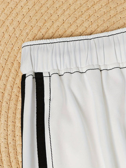 Y2K Striped Side Cargo Pants, Casual Streetwear Hip-hop Drawstring Flap Pocket Pants For Spring & Fall, Women's Clothing SS69