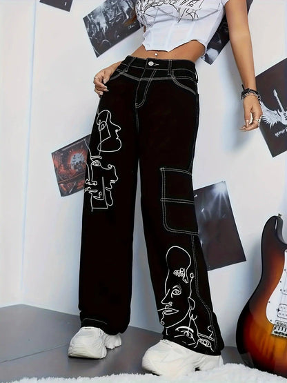 Y2K Style Abstract Cartoon Face Print Patchwork Cargo Denim Jeans, Casual Wide Leg Pants, Non-Stretch, High-Waisted, Streetwear Fashion SS69