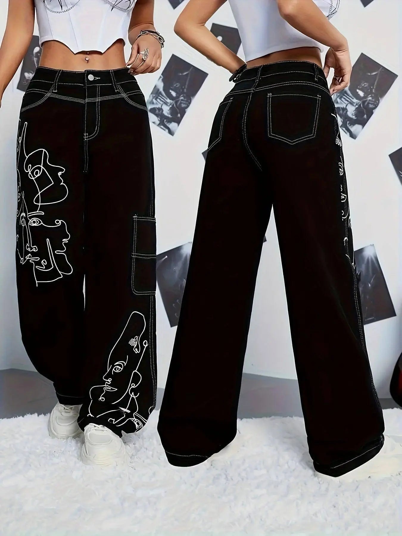 Y2K Style Abstract Cartoon Face Print Patchwork Cargo Denim Jeans, Casual Wide Leg Pants, Non-Stretch, High-Waisted, Streetwear Fashion SS69