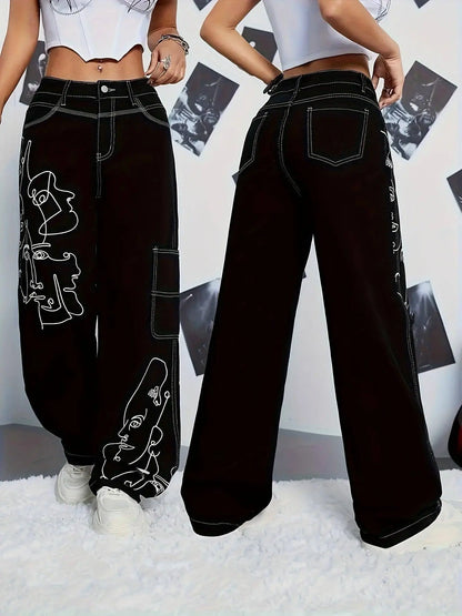 Y2K Style Abstract Cartoon Face Print Patchwork Cargo Denim Jeans, Casual Wide Leg Pants, Non-Stretch, High-Waisted, Streetwear Fashion SS69