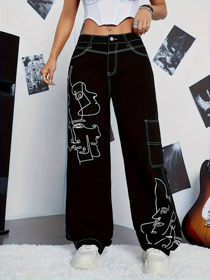 Y2K Style Abstract Cartoon Face Print Patchwork Cargo Denim Jeans, Casual Wide Leg Pants, Non-Stretch, High-Waisted, Streetwear Fashion SS69