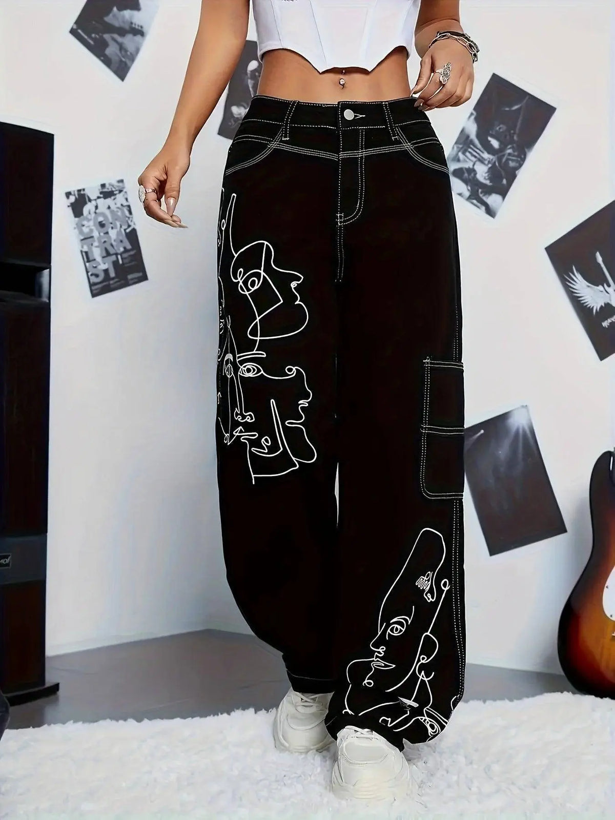 Y2K Style Abstract Cartoon Face Print Patchwork Cargo Denim Jeans, Casual Wide Leg Pants, Non-Stretch, High-Waisted, Streetwear Fashion SS69