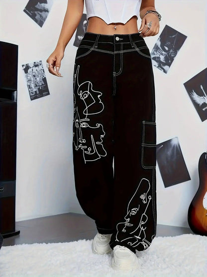 Y2K Style Abstract Cartoon Face Print Patchwork Cargo Denim Jeans, Casual Wide Leg Pants, Non-Stretch, High-Waisted, Streetwear Fashion SS69