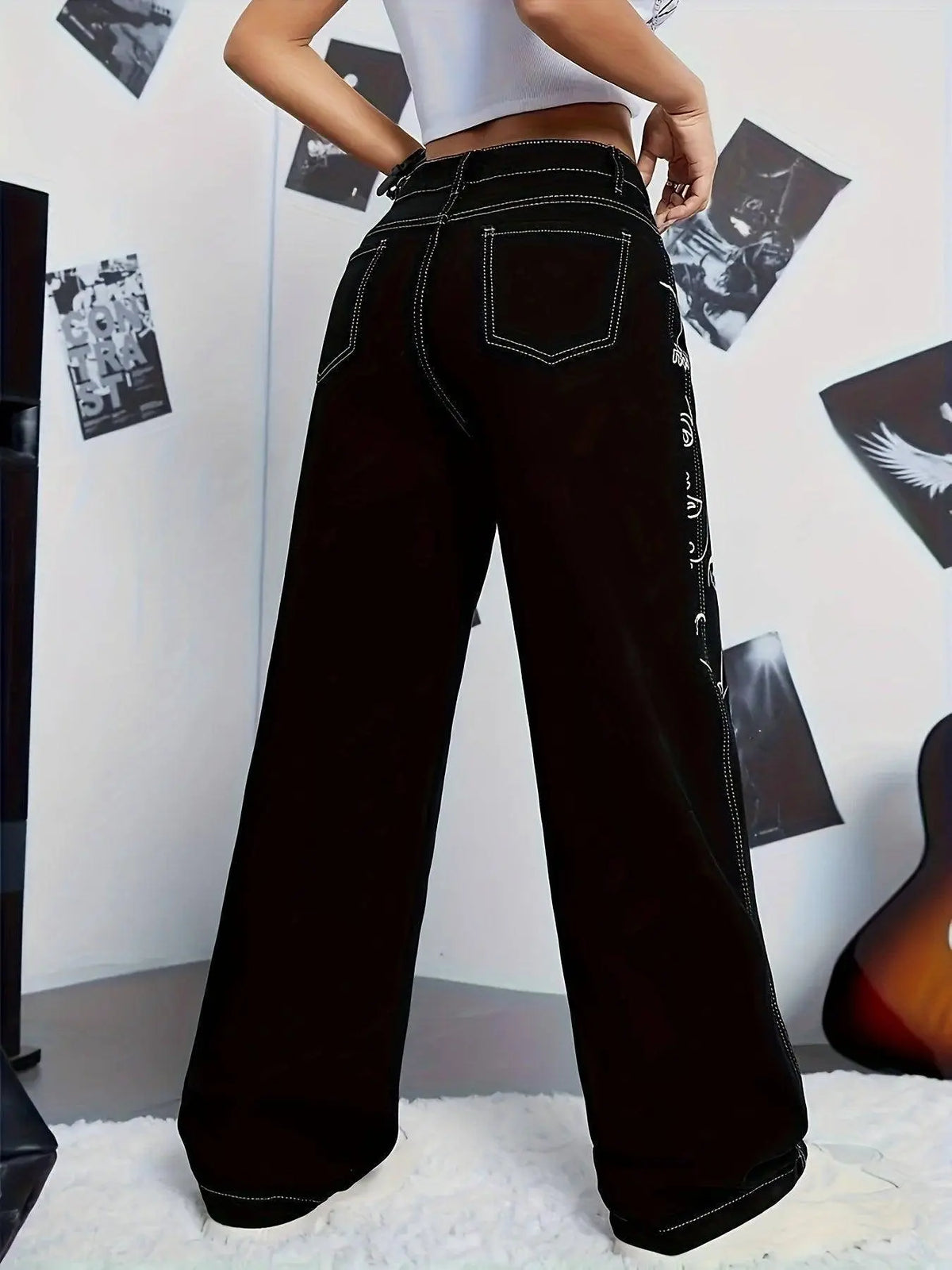 Y2K Style Abstract Cartoon Face Print Patchwork Cargo Denim Jeans, Casual Wide Leg Pants, Non-Stretch, High-Waisted, Streetwear Fashion SS69