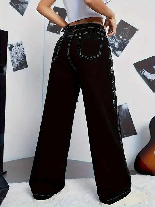 Y2K Style Abstract Cartoon Face Print Patchwork Cargo Denim Jeans, Casual Wide Leg Pants, Non-Stretch, High-Waisted, Streetwear Fashion SS69