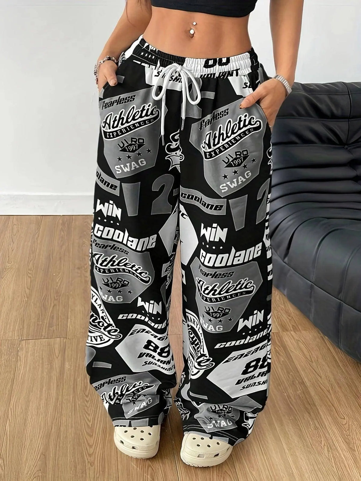 Y2K Style Women's Plus-Size Knit Sweatpants with Drawstring, Polyester Athletic Print Pants, Alphabet Pattern, All-Season Adult Loungewear - SS69