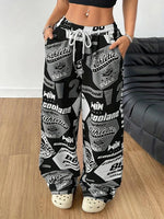 Y2K Style Women's Plus-Size Knit Sweatpants with Drawstring, Polyester Athletic Print Pants, Alphabet Pattern, All-Season Adult Loungewear - SS69