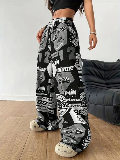 Y2K Style Women's Plus-Size Knit Sweatpants with Drawstring, Polyester Athletic Print Pants, Alphabet Pattern, All-Season Adult Loungewear - SS69
