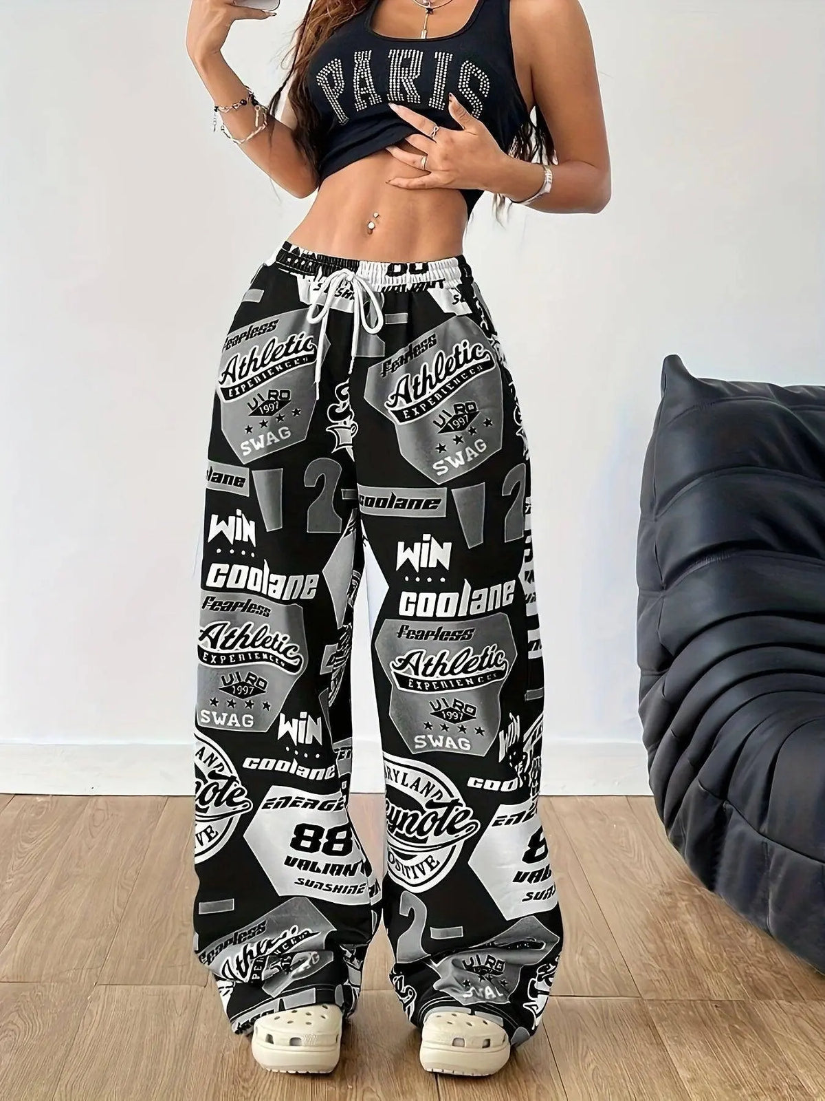 Y2K Style Women's Plus-Size Knit Sweatpants with Drawstring, Polyester Athletic Print Pants, Alphabet Pattern, All-Season Adult Loungewear - SS69