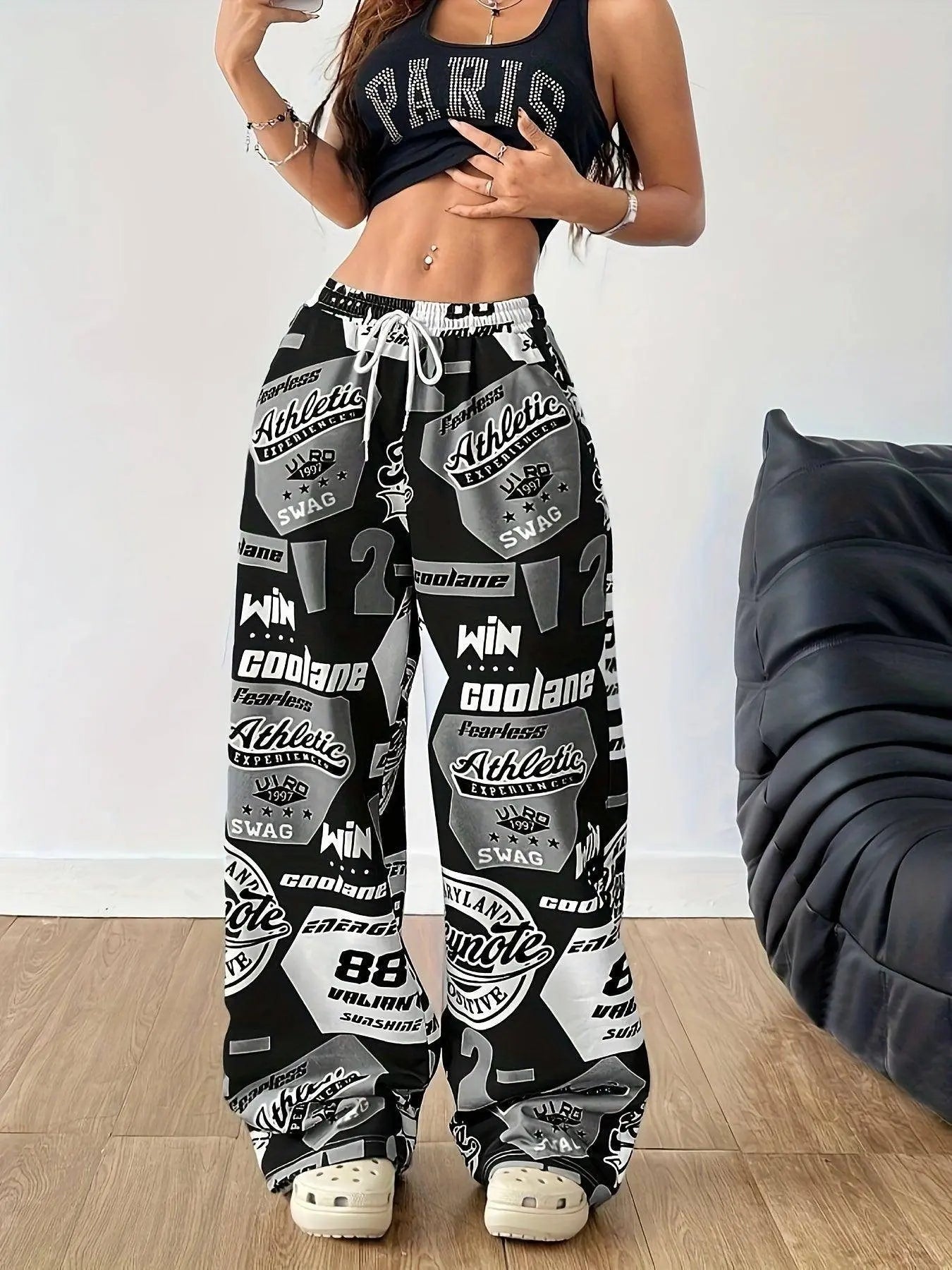 Y2K Style Women's Plus-Size Knit Sweatpants with Drawstring, Polyester Athletic Print Pants, Alphabet Pattern, All-Season Adult Loungewear - SS69