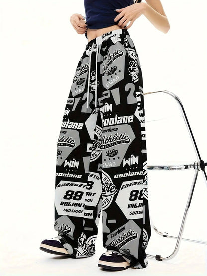 Y2K Style Women's Plus-Size Knit Sweatpants with Drawstring, Polyester Athletic Print Pants, Alphabet Pattern, All-Season Adult Loungewear - SS69