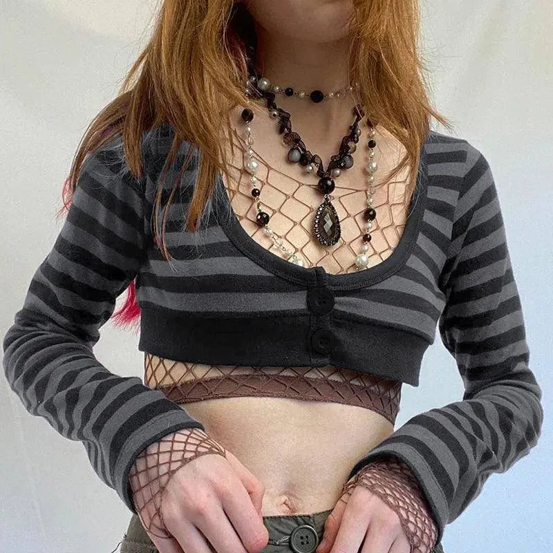 Y2K Vintage Striped Crop Top Casual Button O-neck Long Sleeves Cardigan T-shirt Retro Harajuku Grunge Super-short Smock Top Tees SS69