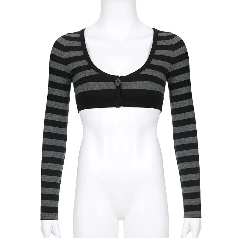 Y2K Vintage Striped Crop Top Casual Button O-neck Long Sleeves Cardigan T-shirt Retro Harajuku Grunge Super-short Smock Top Tees SS69