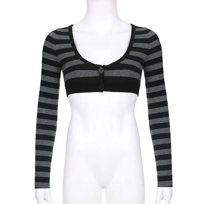 Y2K Vintage Striped Crop Top Casual Button O-neck Long Sleeves Cardigan T-shirt Retro Harajuku Grunge Super-short Smock Top Tees SS69