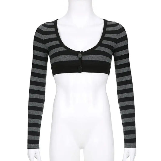 Y2K Vintage Striped Crop Top Casual Button O-neck Long Sleeves Cardigan T-shirt Retro Harajuku Grunge Super-short Smock Top Tees SS69