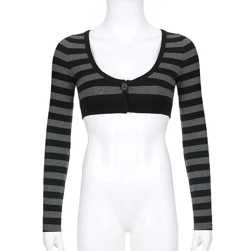 Y2K Vintage Striped Crop Top Casual Button O-neck Long Sleeves Cardigan T-shirt Retro Harajuku Grunge Super-short Smock Top Tees SS69