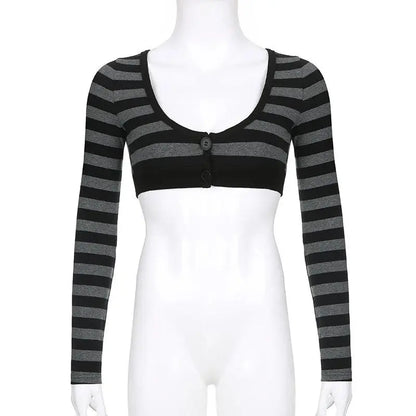 Y2K Vintage Striped Crop Top Casual Button O-neck Long Sleeves Cardigan T-shirt Retro Harajuku Grunge Super-short Smock Top Tees SS69