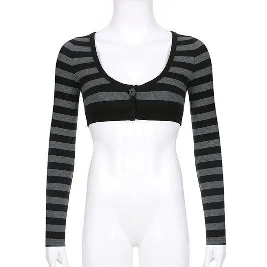 Y2K Vintage Striped Crop Top Casual Button O-neck Long Sleeves Cardigan T-shirt Retro Harajuku Grunge Super-short Smock Top Tees SS69