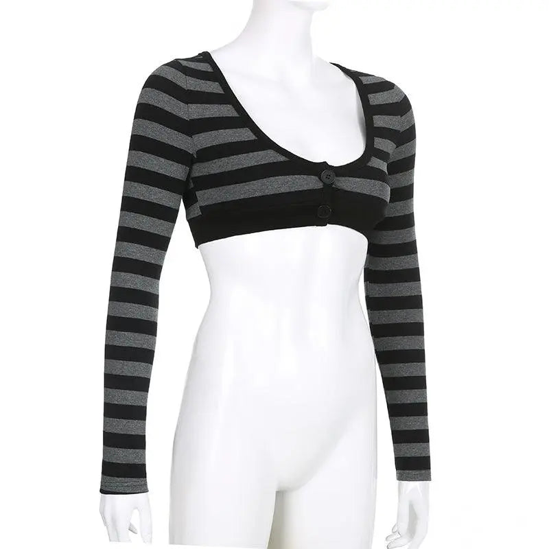 Y2K Vintage Striped Crop Top Casual Button O-neck Long Sleeves Cardigan T-shirt Retro Harajuku Grunge Super-short Smock Top Tees SS69
