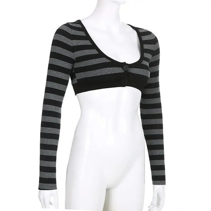 Y2K Vintage Striped Crop Top Casual Button O-neck Long Sleeves Cardigan T-shirt Retro Harajuku Grunge Super-short Smock Top Tees SS69