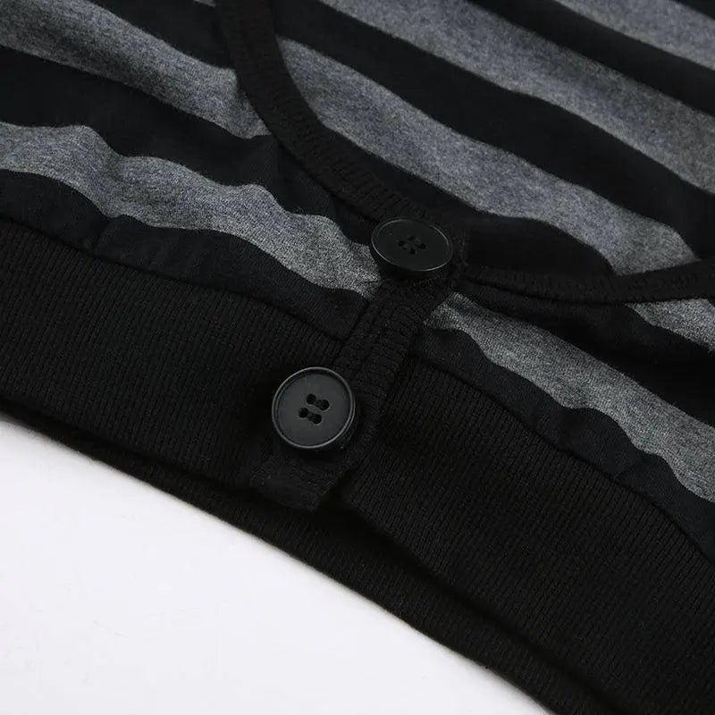 Y2K Vintage Striped Crop Top Casual Button O-neck Long Sleeves Cardigan T-shirt Retro Harajuku Grunge Super-short Smock Top Tees SS69