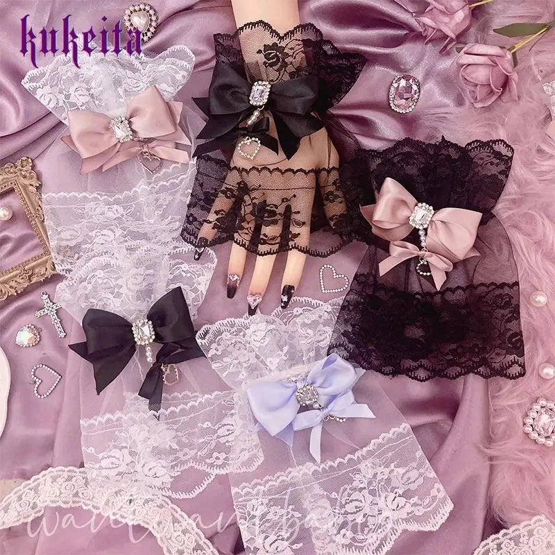 Y2k Aesthetic Gothic Lace Gloves Japanese Lolita Kawaii Bow Mesh Length Sleeves Fingerless Punk Gloves Cosplay Party Accessory SS69