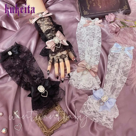 Y2k Aesthetic Gothic Lace Gloves Japanese Lolita Kawaii Bow Mesh Length Sleeves Fingerless Punk Gloves Cosplay Party Accessory SS69