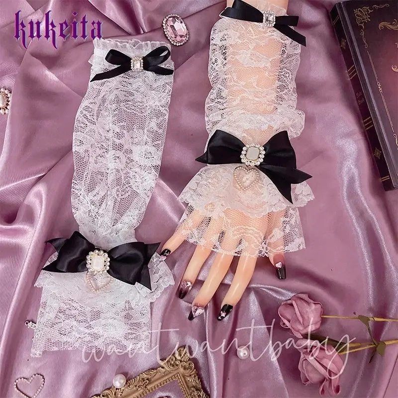Y2k Aesthetic Gothic Lace Gloves Japanese Lolita Kawaii Bow Mesh Length Sleeves Fingerless Punk Gloves Cosplay Party Accessory SS69