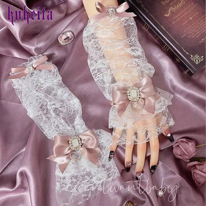 Y2k Aesthetic Gothic Lace Gloves Japanese Lolita Kawaii Bow Mesh Length Sleeves Fingerless Punk Gloves Cosplay Party Accessory SS69