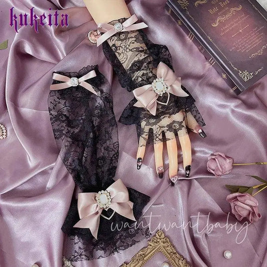 Y2k Aesthetic Gothic Lace Gloves Japanese Lolita Kawaii Bow Mesh Length Sleeves Fingerless Punk Gloves Cosplay Party Accessory SS69