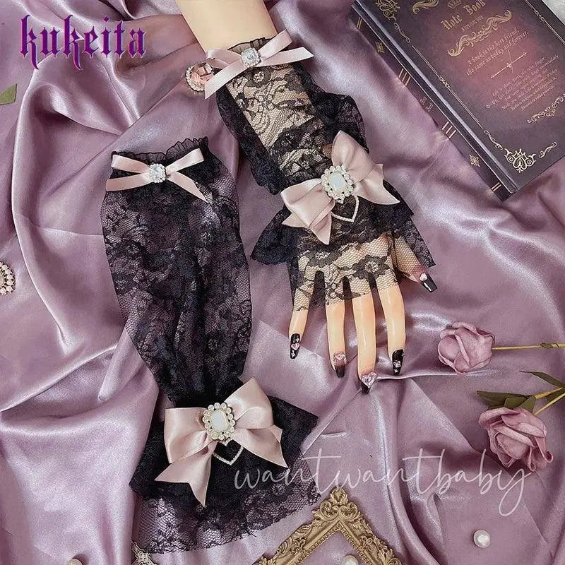 Y2k Aesthetic Gothic Lace Gloves Japanese Lolita Kawaii Bow Mesh Length Sleeves Fingerless Punk Gloves Cosplay Party Accessory SS69