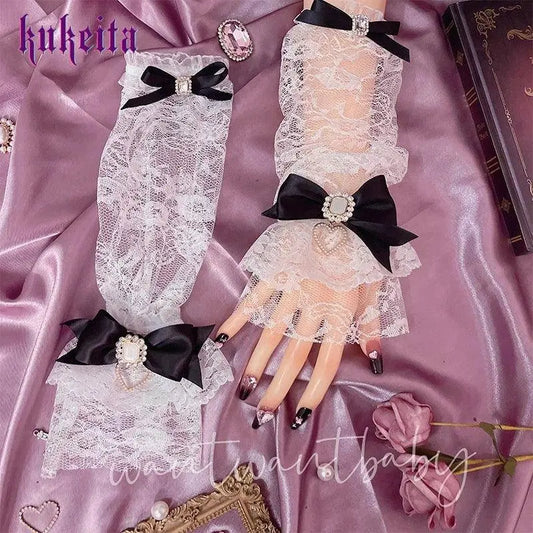 Y2k Aesthetic Gothic Lace Gloves Japanese Lolita Kawaii Bow Mesh Length Sleeves Fingerless Punk Gloves Cosplay Party Accessory SS69