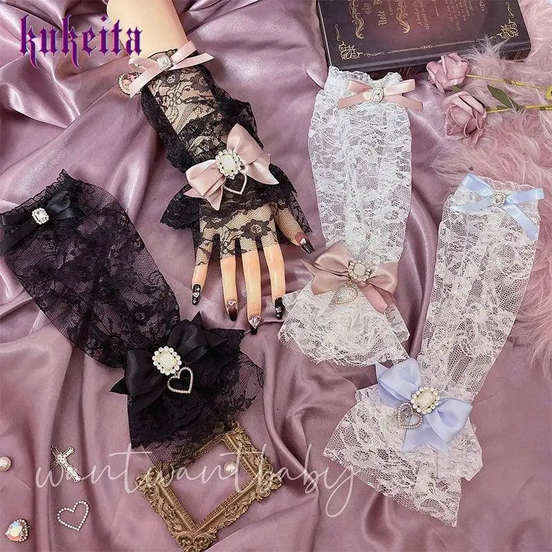 Y2k Aesthetic Gothic Lace Gloves Japanese Lolita Kawaii Bow Mesh Length Sleeves Fingerless Punk Gloves Cosplay Party Accessory SS69
