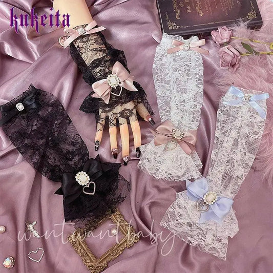 Y2k Aesthetic Gothic Lace Gloves Japanese Lolita Kawaii Bow Mesh Length Sleeves Fingerless Punk Gloves Cosplay Party Accessory SS69