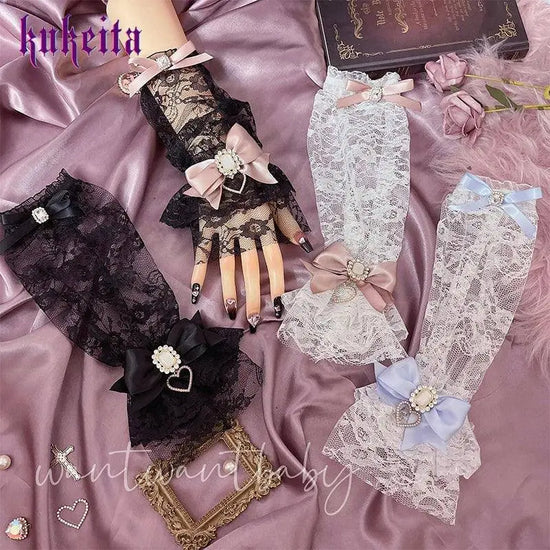 Y2k Aesthetic Gothic Lace Gloves Japanese Lolita Kawaii Bow Mesh Length Sleeves Fingerless Punk Gloves Cosplay Party Accessory SS69