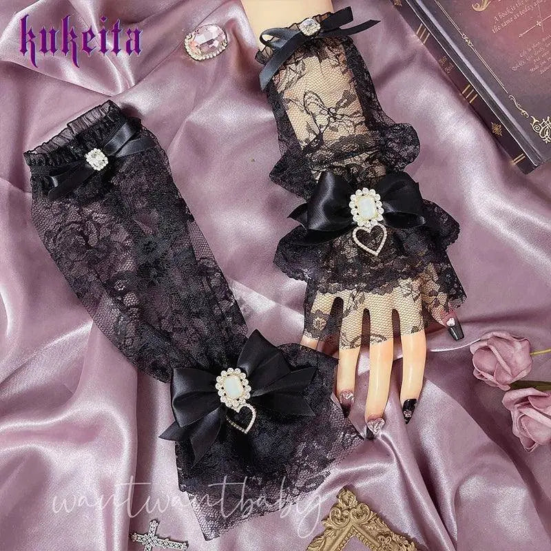 Y2k Aesthetic Gothic Lace Gloves Japanese Lolita Kawaii Bow Mesh Length Sleeves Fingerless Punk Gloves Cosplay Party Accessory SS69