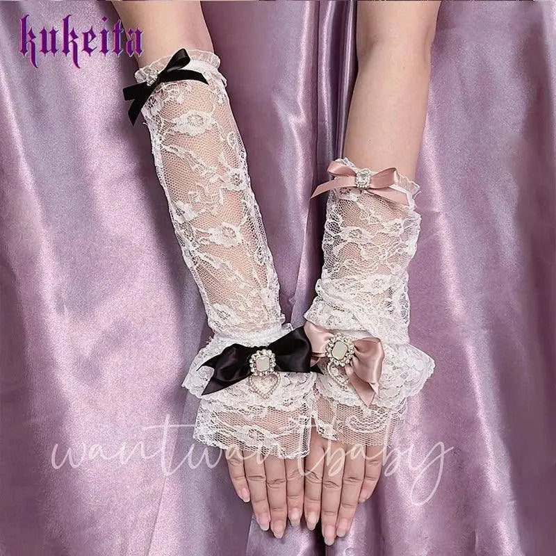 Y2k Aesthetic Gothic Lace Gloves Japanese Lolita Kawaii Bow Mesh Length Sleeves Fingerless Punk Gloves Cosplay Party Accessory SS69