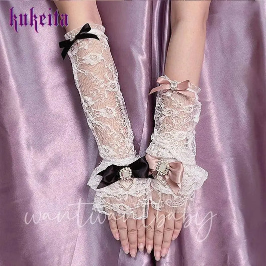 Y2k Aesthetic Gothic Lace Gloves Japanese Lolita Kawaii Bow Mesh Length Sleeves Fingerless Punk Gloves Cosplay Party Accessory SS69
