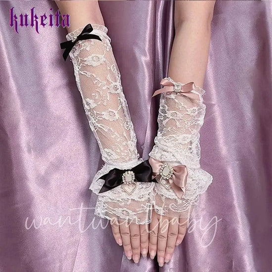 Y2k Aesthetic Gothic Lace Gloves Japanese Lolita Kawaii Bow Mesh Length Sleeves Fingerless Punk Gloves Cosplay Party Accessory SS69
