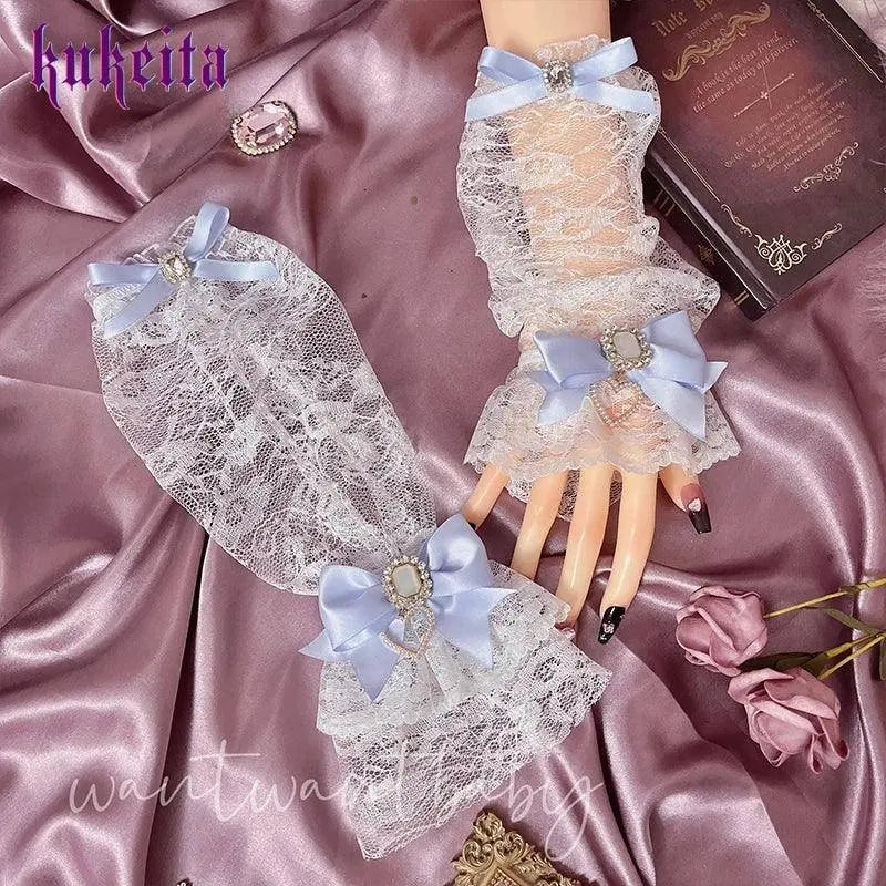 Y2k Aesthetic Gothic Lace Gloves Japanese Lolita Kawaii Bow Mesh Length Sleeves Fingerless Punk Gloves Cosplay Party Accessory SS69