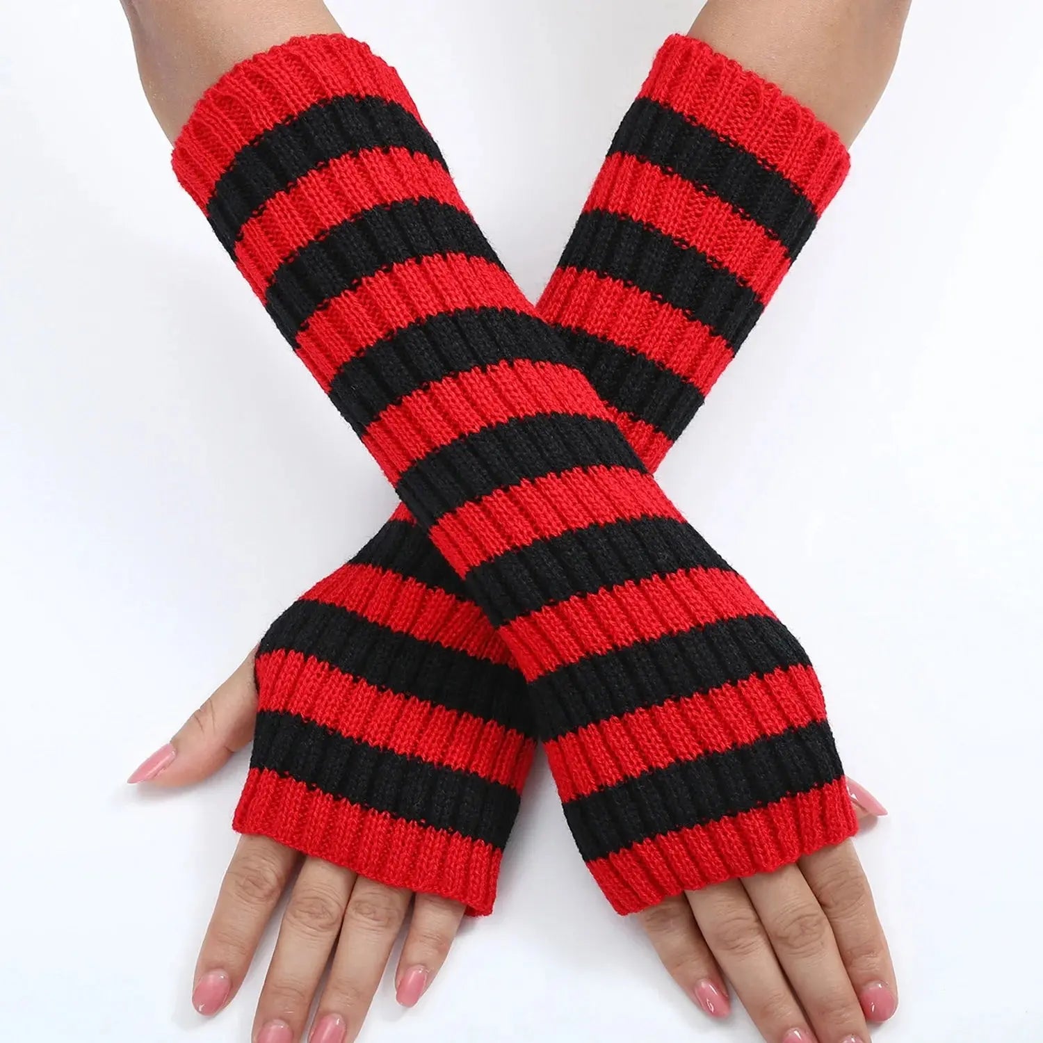Y2k Winter Leg Warmers Fluffy/Knitted Arm Warmers Gothic Lolita Knit Long Socks Women Leg Warmer Stylish Stretchy Boots Cover SS69 5.69 Red Black 30cm / One Size