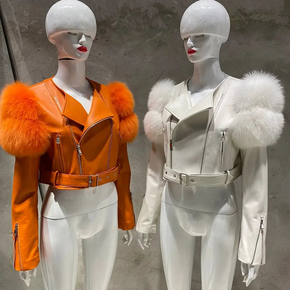 YOLOAgain 2025 Autumn Natural Fox Fur Sleeve Genuine Leather Cropped Jacket Women Shiny Sliver Leather Jacket Ladies SS69