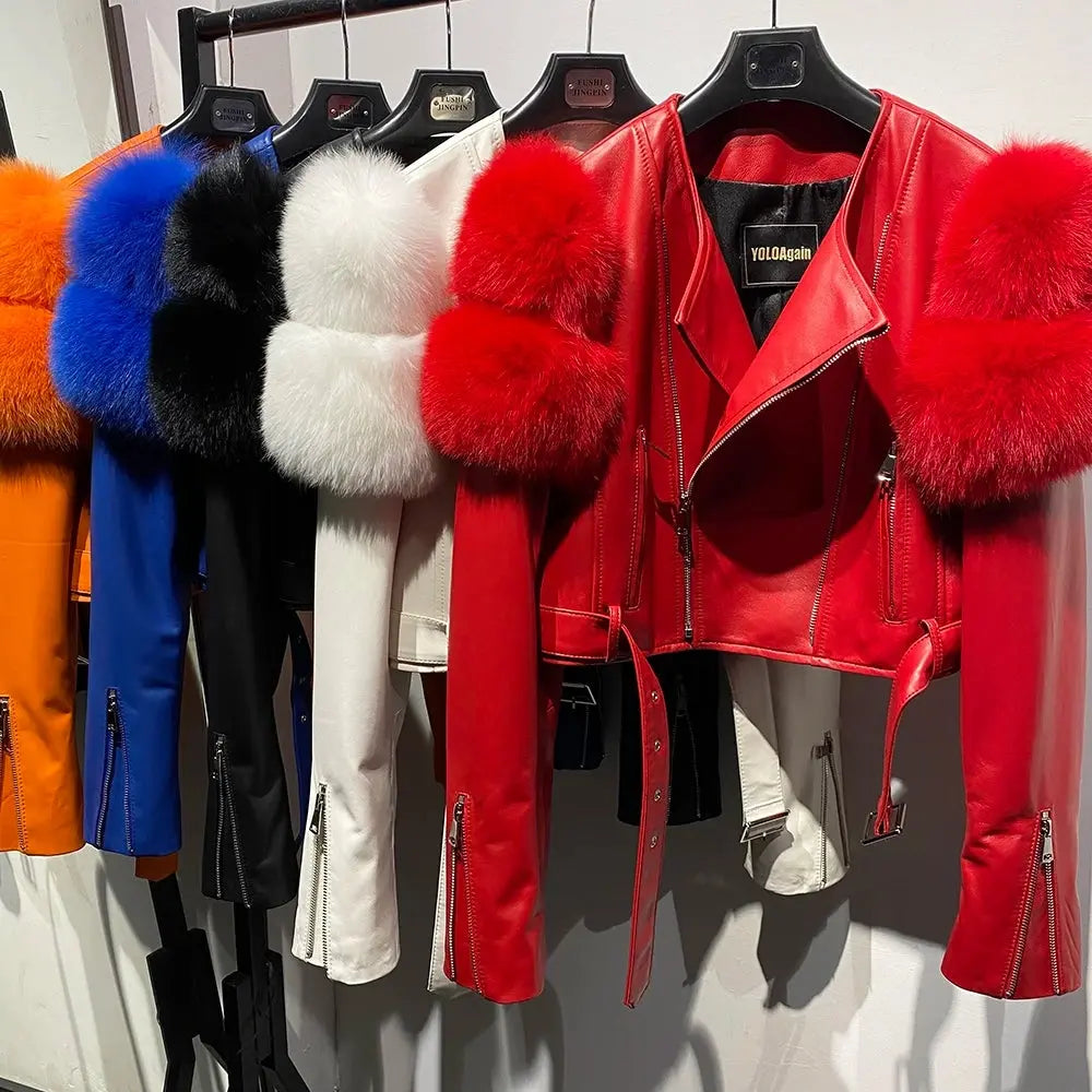 YOLOAgain 2025 Autumn Natural Fox Fur Sleeve Genuine Leather Cropped Jacket Women Shiny Sliver Leather Jacket Ladies SS69