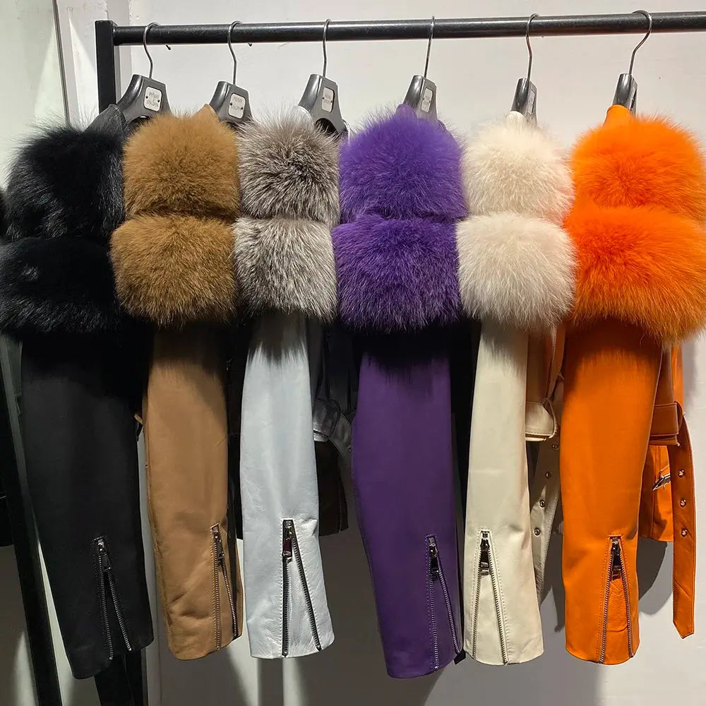 YOLOAgain 2025 Autumn Natural Fox Fur Sleeve Genuine Leather Cropped Jacket Women Shiny Sliver Leather Jacket Ladies SS69
