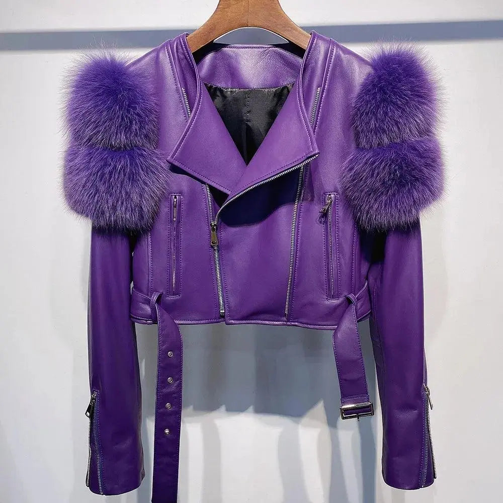 YOLOAgain 2025 Autumn Natural Fox Fur Sleeve Genuine Leather Cropped Jacket Women Shiny Sliver Leather Jacket Ladies - SS69