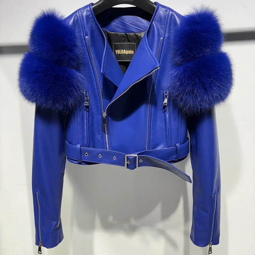 YOLOAgain 2025 Autumn Natural Fox Fur Sleeve Genuine Leather Cropped Jacket Women Shiny Sliver Leather Jacket Ladies SS69