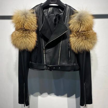 YOLOAgain 2025 Autumn Natural Fox Fur Sleeve Genuine Leather Cropped Jacket Women Shiny Sliver Leather Jacket Ladies SS69