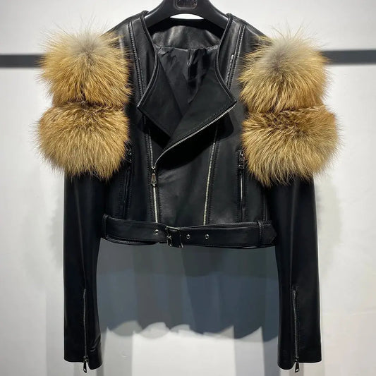 YOLOAgain 2025 Autumn Natural Fox Fur Sleeve Genuine Leather Cropped Jacket Women Shiny Sliver Leather Jacket Ladies SS69