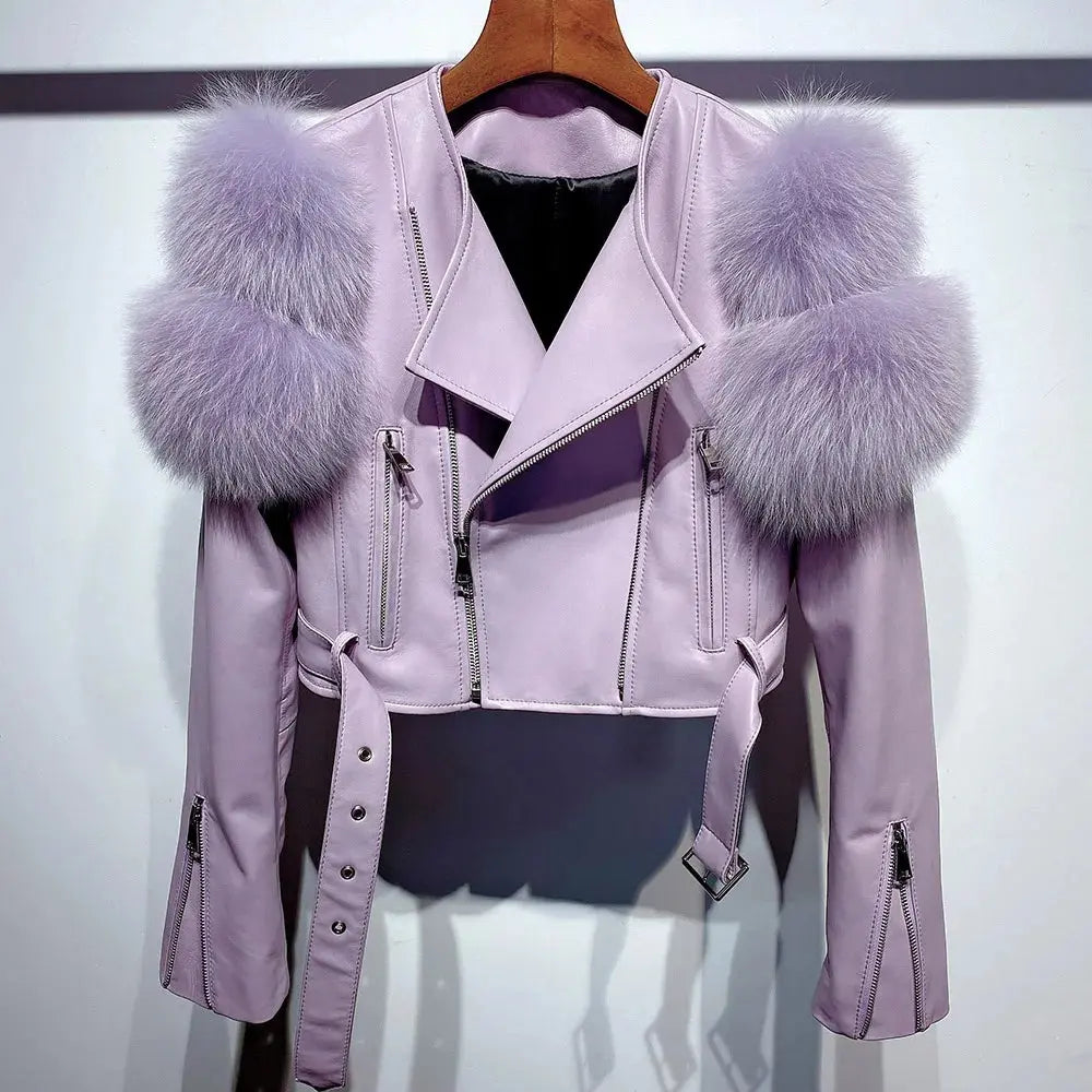 YOLOAgain 2025 Autumn Natural Fox Fur Sleeve Genuine Leather Cropped Jacket Women Shiny Sliver Leather Jacket Ladies SS69